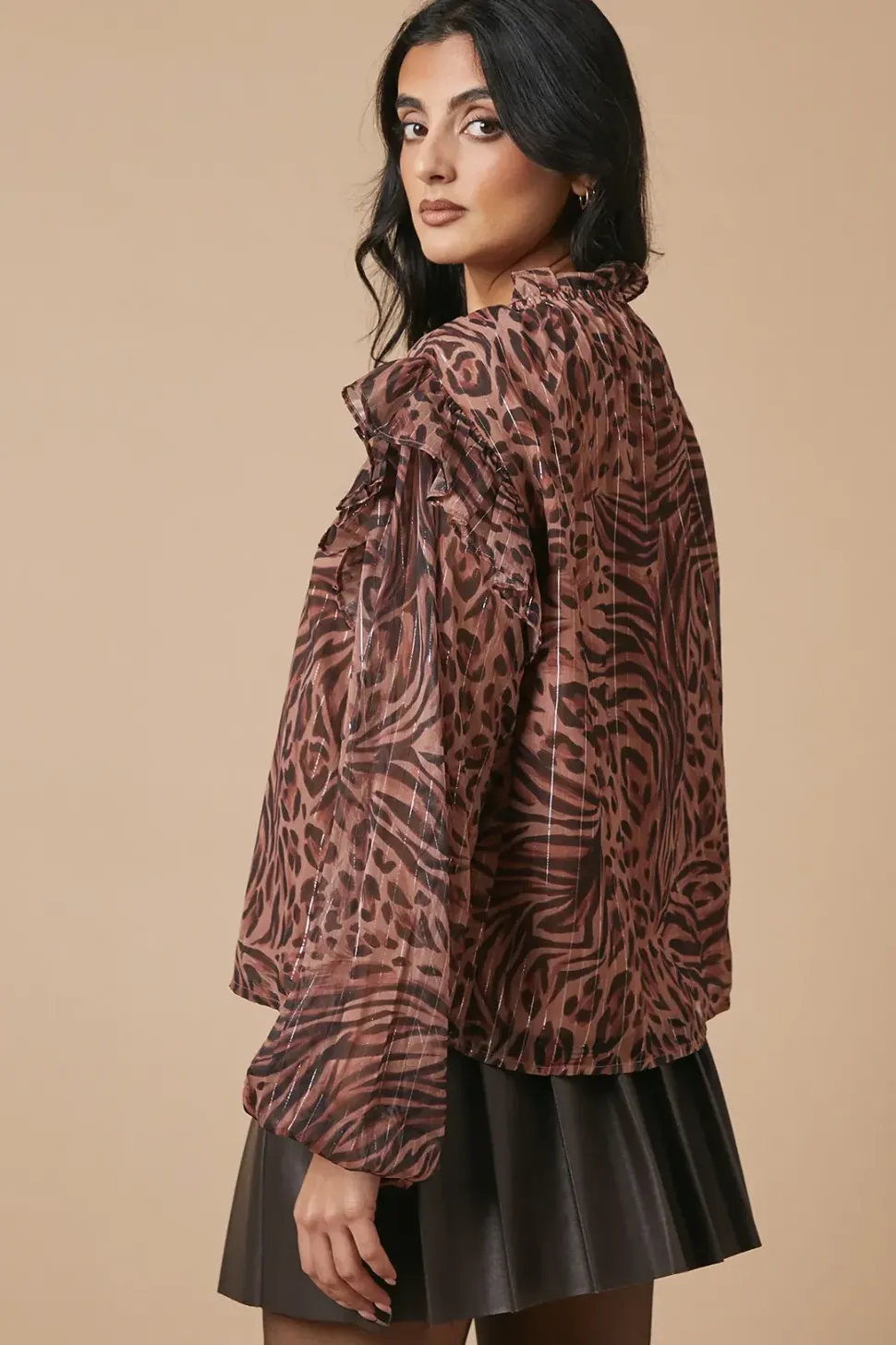 Animal Printed Metallic Chiffon Tie Neck Blouse