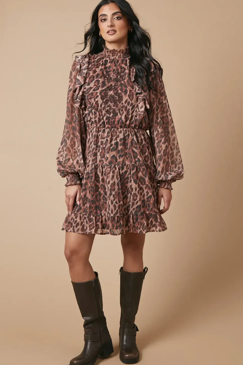 Animal Print Embroidered Dobby Chiffon Mini Dress