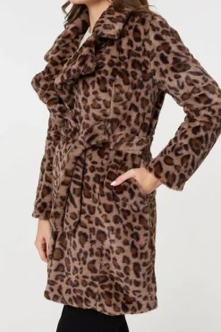 Animal Print Faux Fur Tie Waist Jacket
