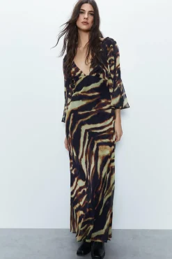 Animal Print Fluted Sleeve Plunge Maxi Dress