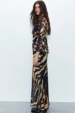 Animal Print Fluted Sleeve Plunge Maxi Dress