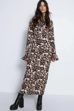 Animal Print Flute Sleeve Midi Dress