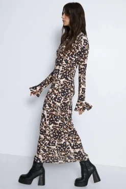 Animal Print Flute Sleeve Midi Dress