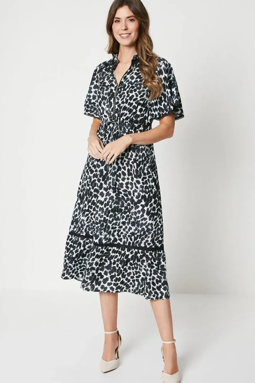 Animal Print Flutter Sleeve Zip Midi Shirt Dress