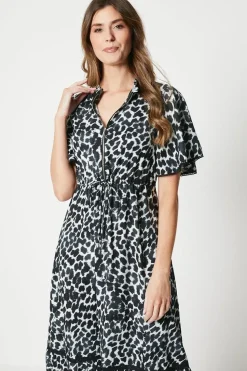 Animal Print Flutter Sleeve Zip Midi Shirt Dress