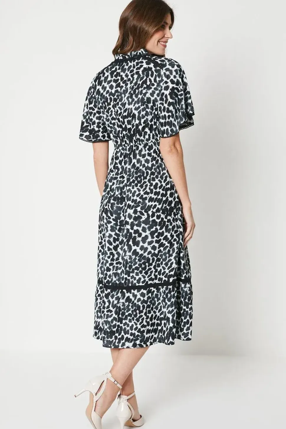 Animal Print Flutter Sleeve Zip Midi Shirt Dress