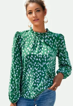 Animal Print Frill Detail High Neck Top In Green
