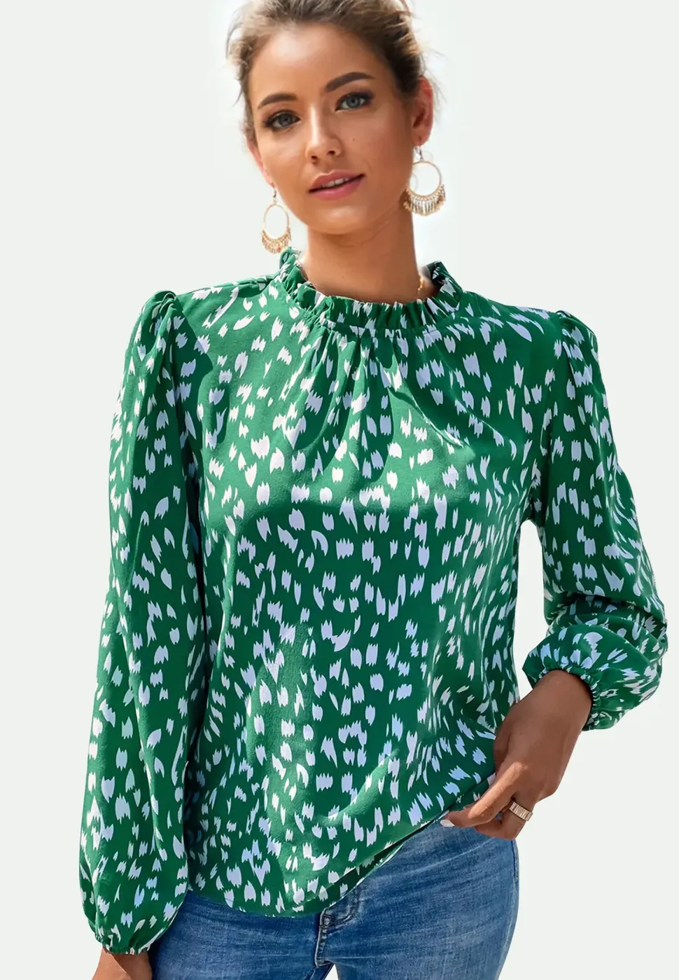 Animal Print Frill Detail High Neck Top In Green