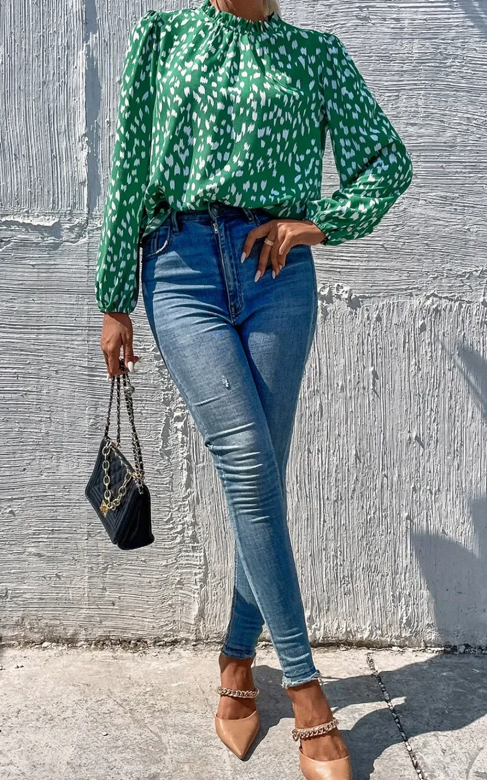 Animal Print Frill Detail High Neck Top In Green