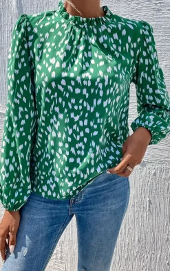 Animal Print Frill Detail High Neck Top In Green
