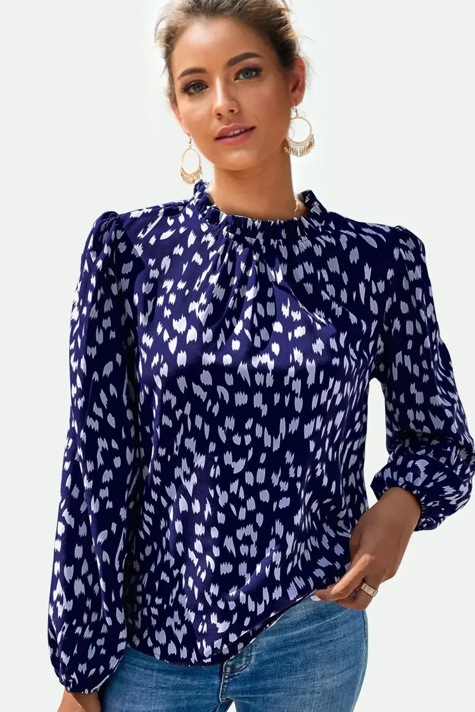 Animal Print Frill Detail High Neck Top In Navy