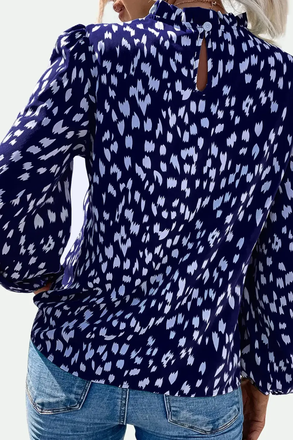 Animal Print Frill Detail High Neck Top In Navy
