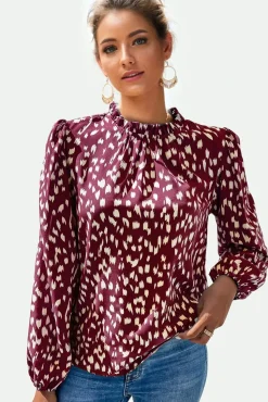 Animal Print Frill Detail High Neck Top In Wine