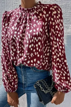 Animal Print Frill Detail High Neck Top In Wine