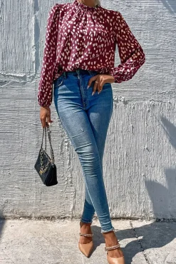 Animal Print Frill Detail High Neck Top In Wine