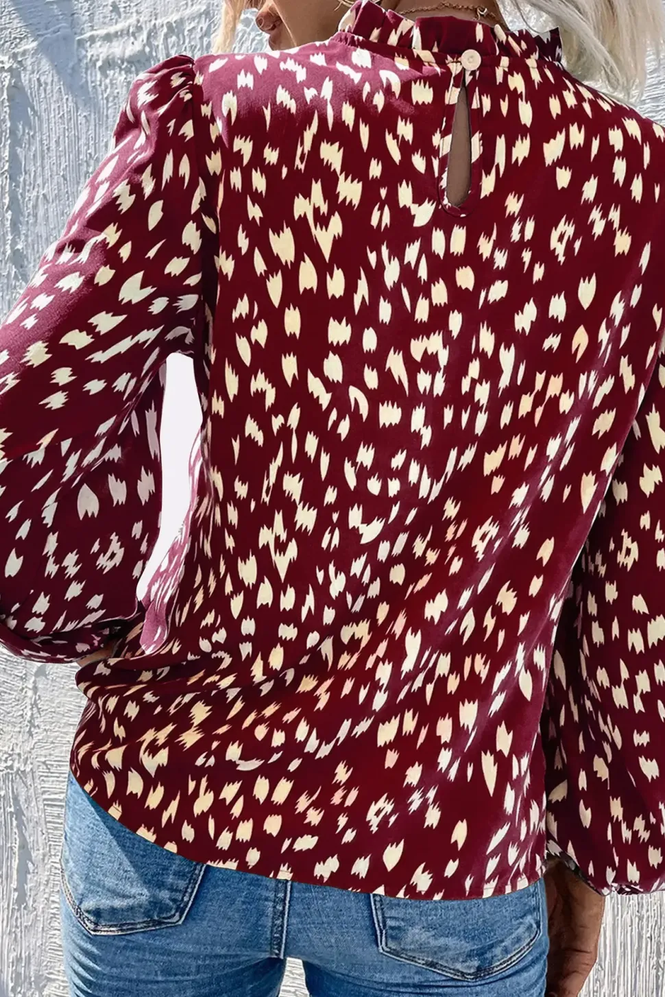 Animal Print Frill Detail High Neck Top In Wine