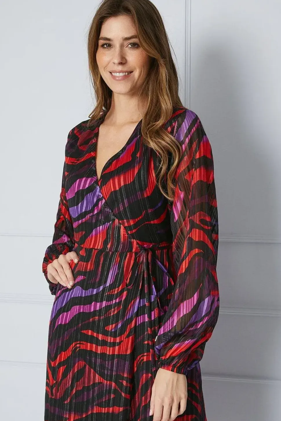 Animal Print Glitter Stripe Wrap Midi Dress