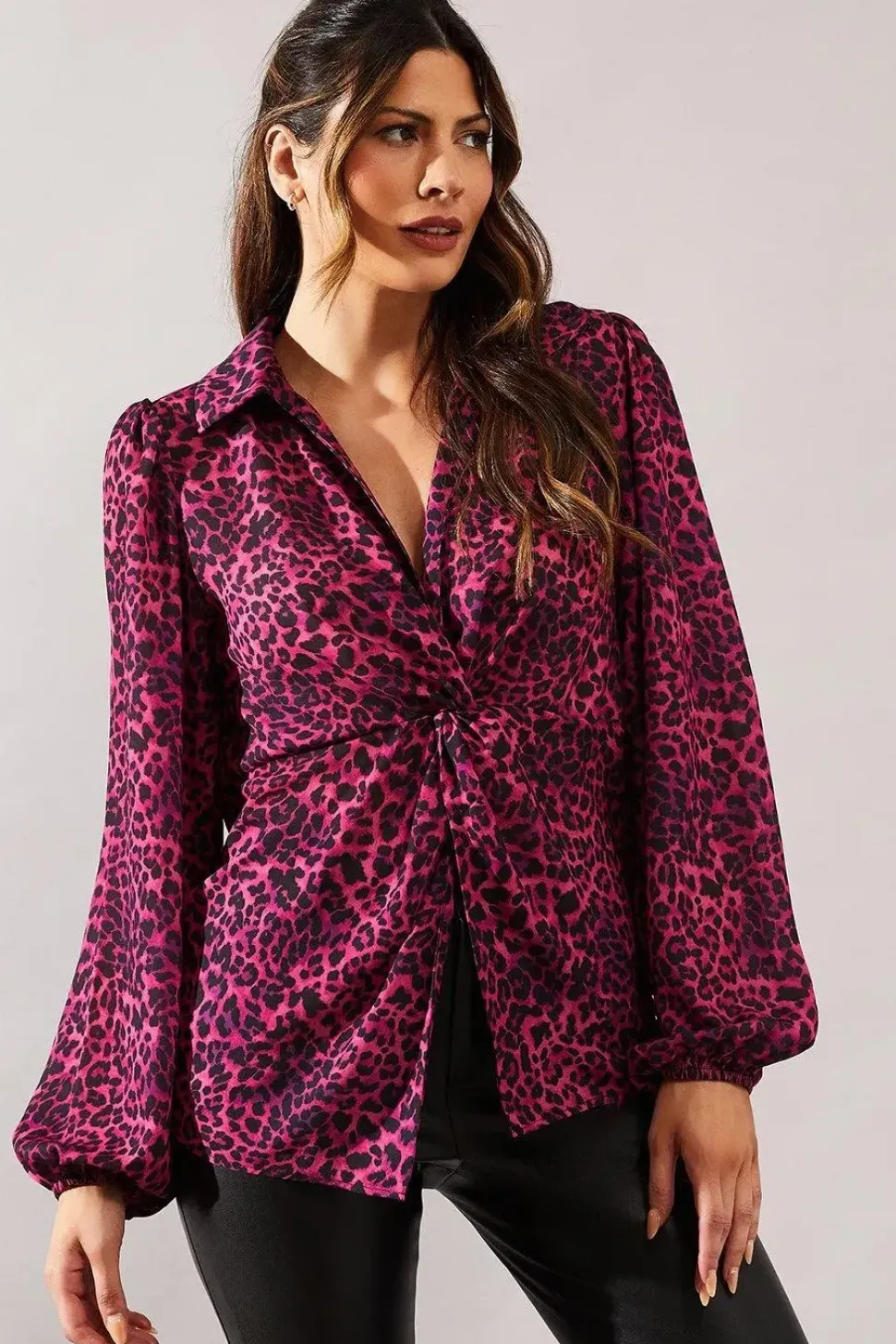 Animal Print Knot Detail Collared Blouse