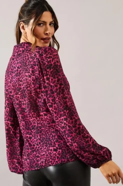 Animal Print Knot Detail Collared Blouse