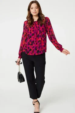Animal Print Long Sleeve Ruched Blouse
