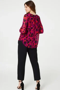 Animal Print Long Sleeve Ruched Blouse