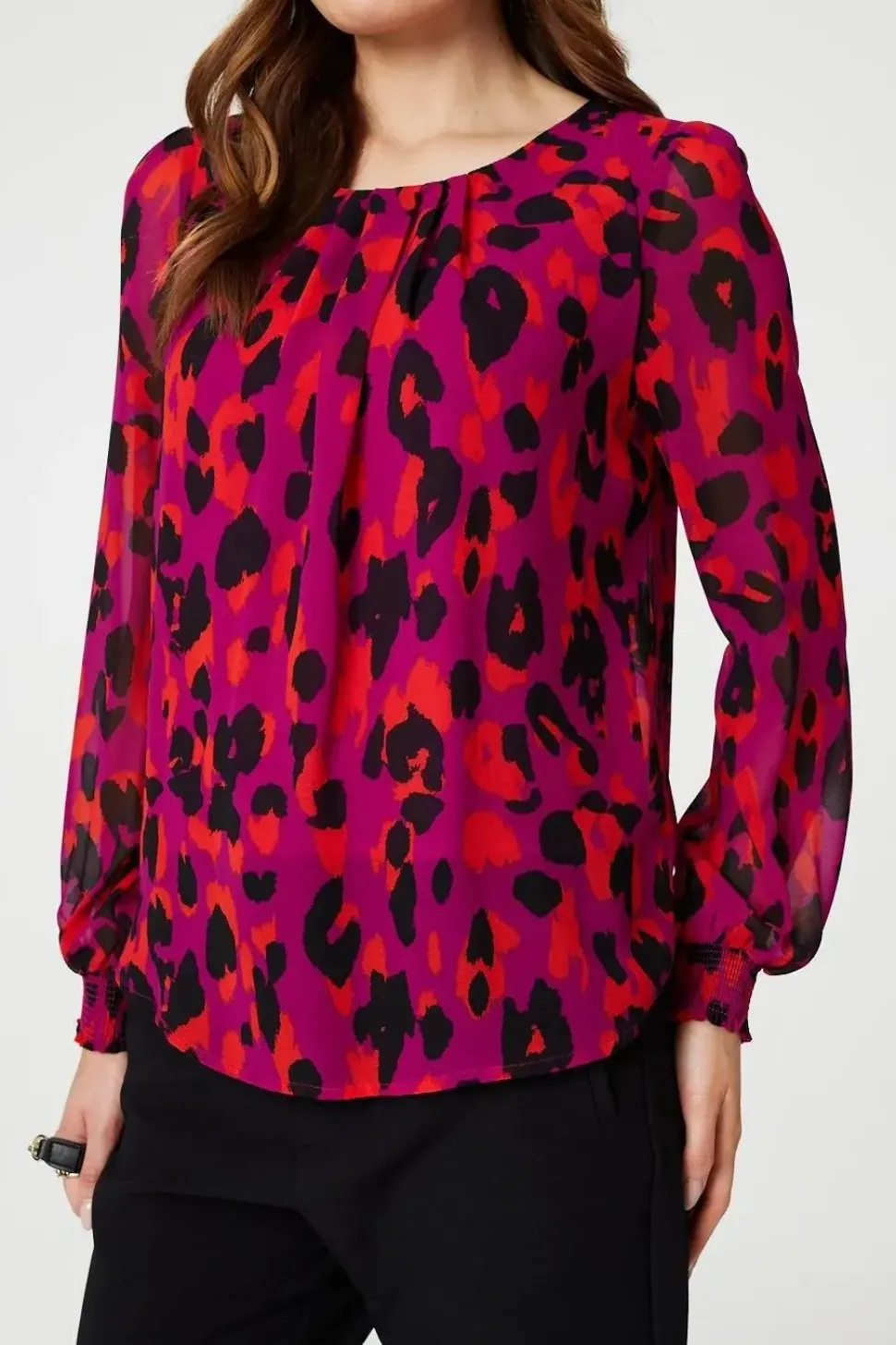 Animal Print Long Sleeve Ruched Blouse