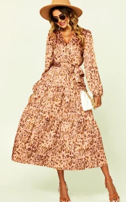 Animal Print Long Sleeve Wrap Dress In Nude Brown