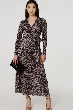 Animal Print Pleated Wrap Midi Dress