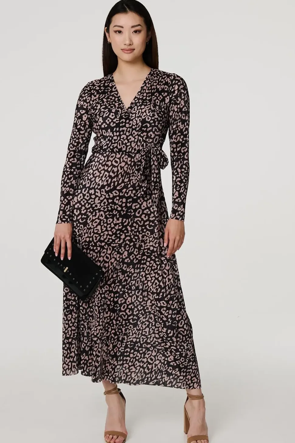 Animal Print Pleated Wrap Midi Dress