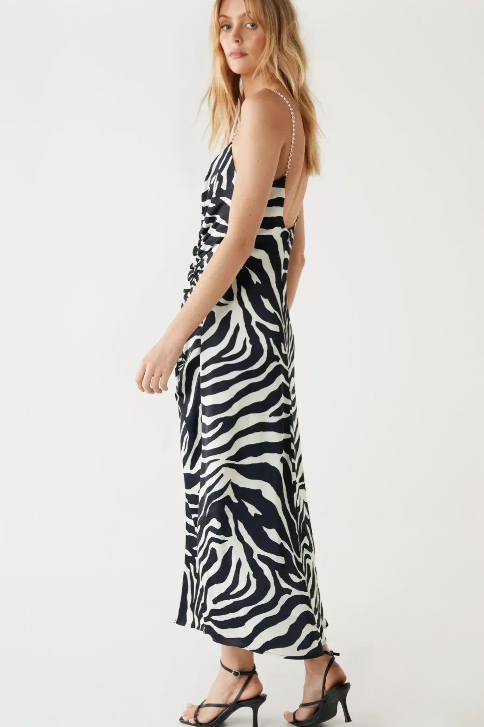 Animal Print Ruched Diamante Strap Slip Dress