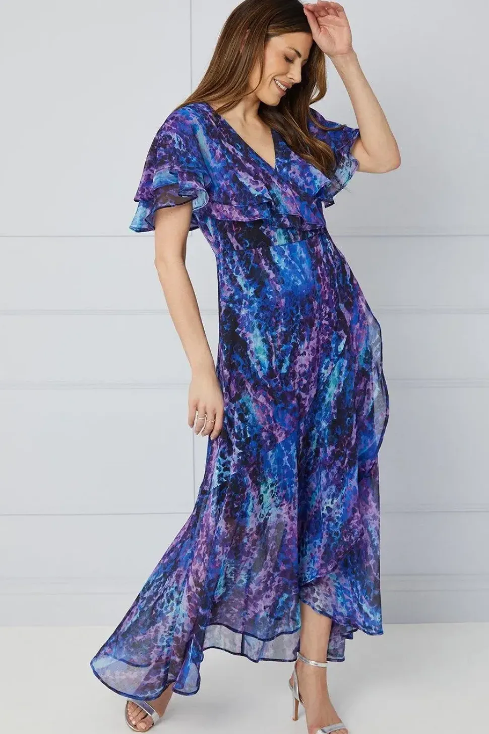 Animal Print Ruffle Sleeve Wrap Maxi Dress