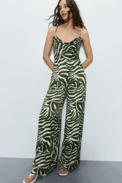 Animal Print Satin Cowl Jumpsuit