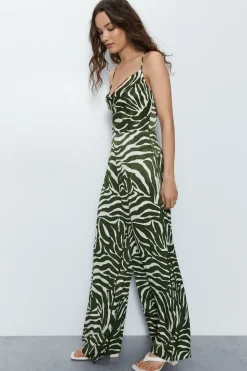 Animal Print Satin Cowl Jumpsuit