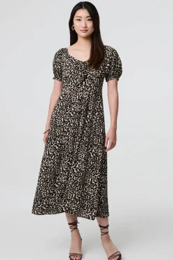 Animal Print Short Puff Sleeve Maxi Dress
