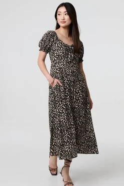 Animal Print Short Puff Sleeve Maxi Dress