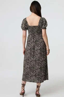 Animal Print Short Puff Sleeve Maxi Dress