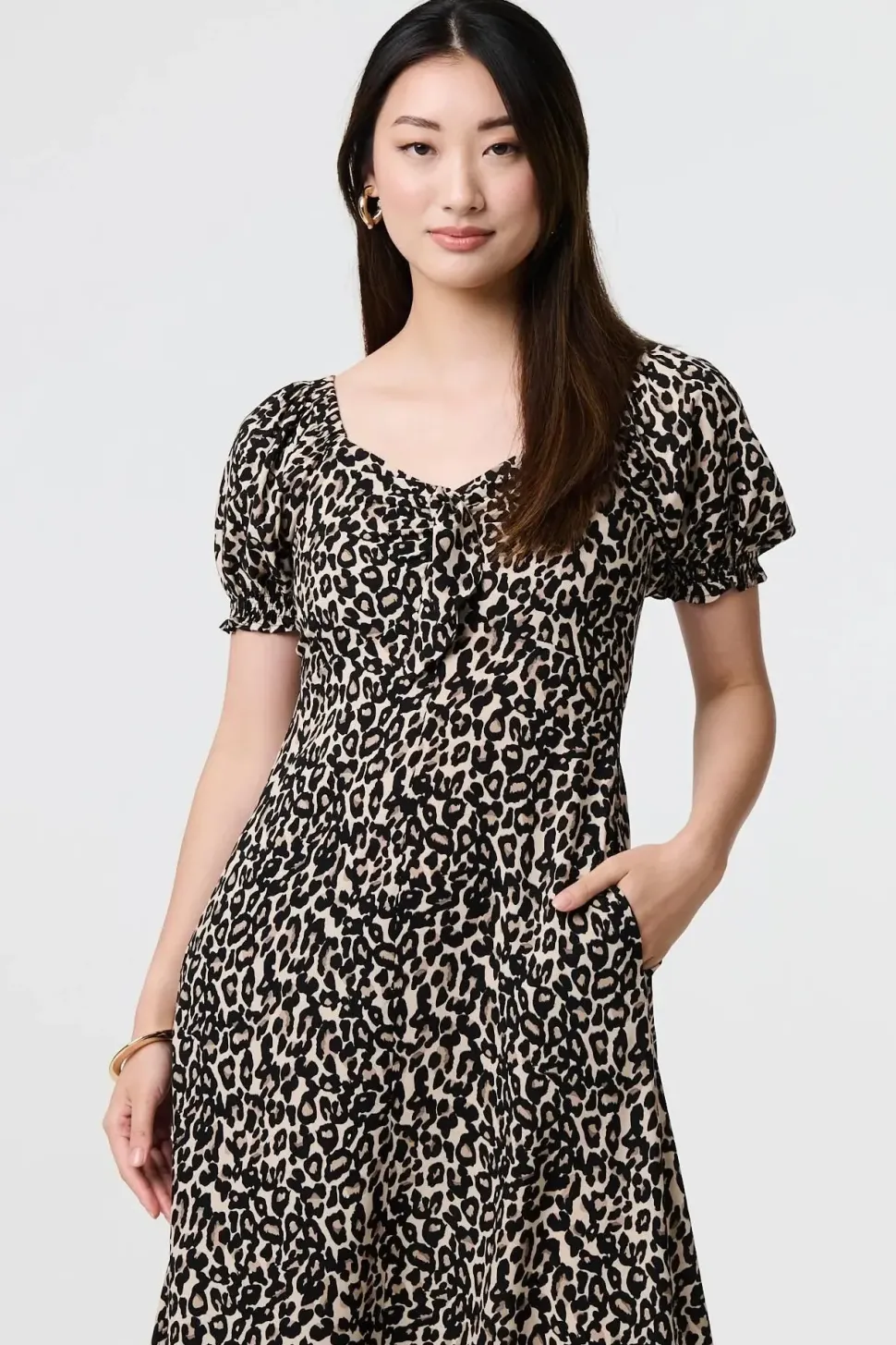 Animal Print Short Puff Sleeve Maxi Dress