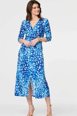 Animal Print 3/4 Sleeve Midi Wrap Dress