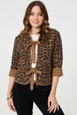 Animal Print 3/4 Sleeve Tie Front Cardigan
