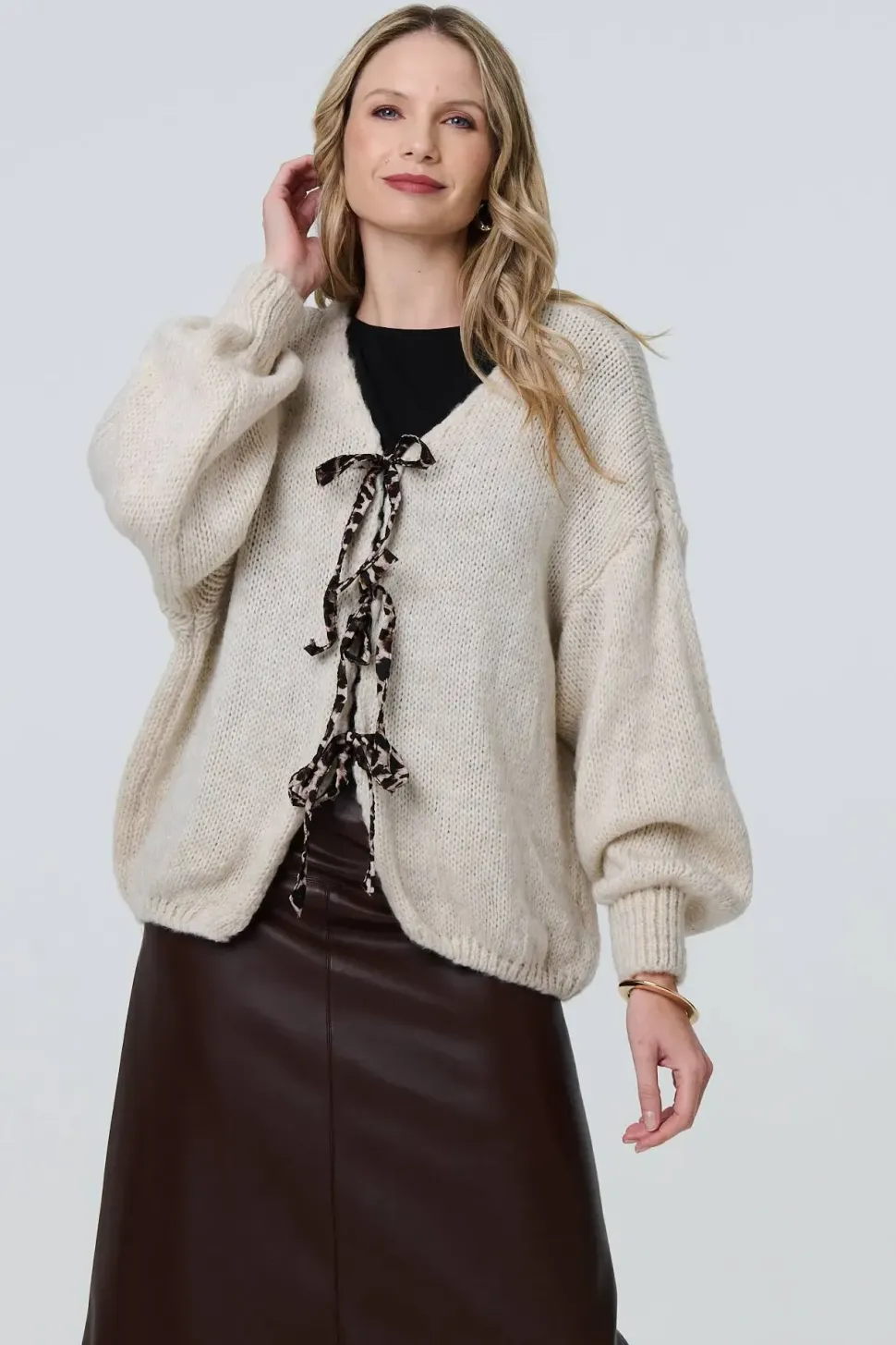 Animal Print Tie Balloon Sleeve Cardigan