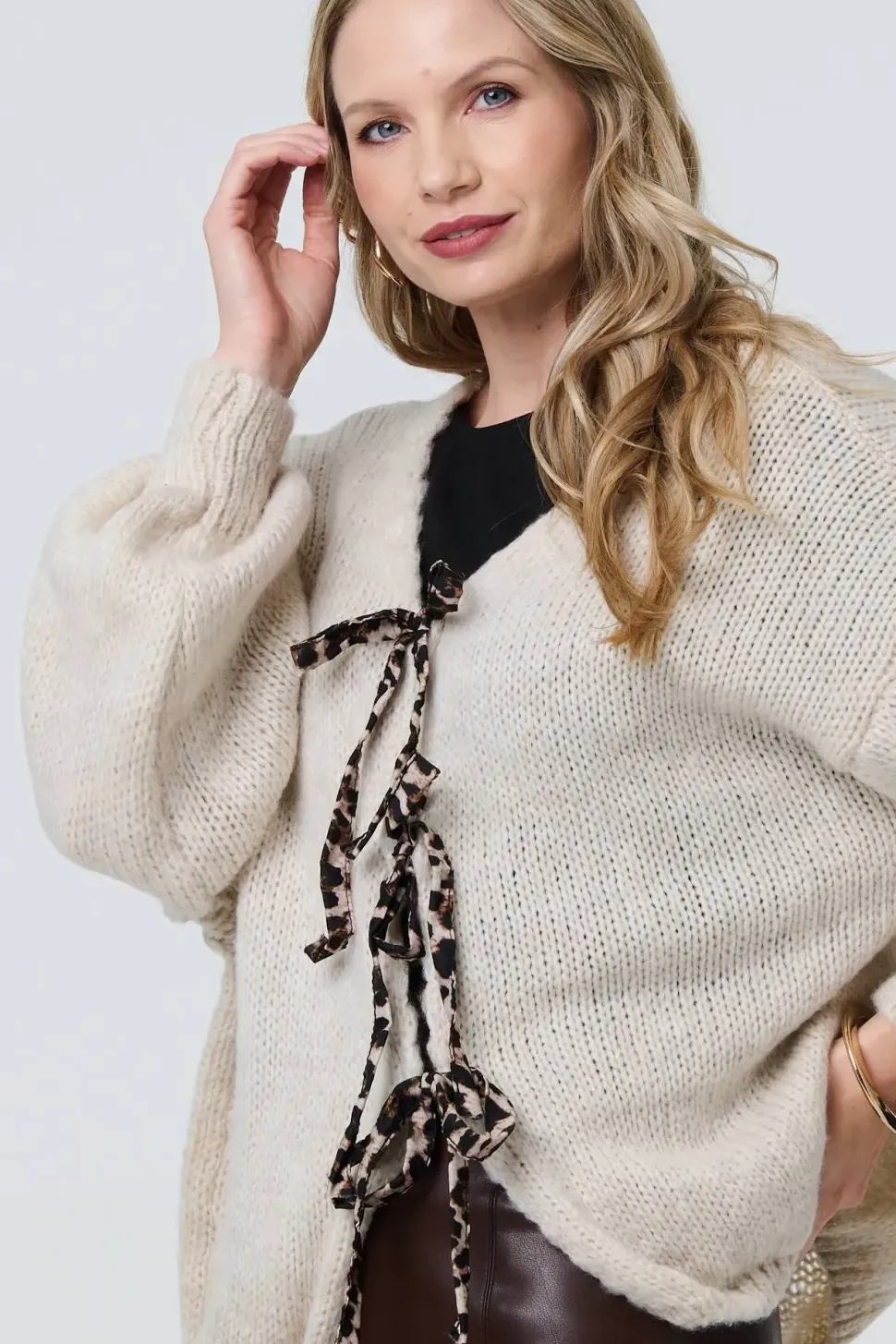 Animal Print Tie Balloon Sleeve Cardigan