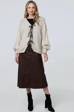Animal Print Tie Balloon Sleeve Cardigan
