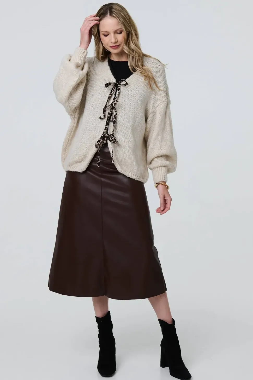 Animal Print Tie Balloon Sleeve Cardigan