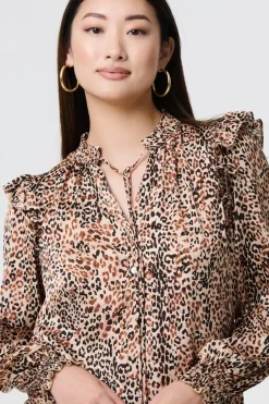Animal Print Tie-Up Keyhole Neck Blouse