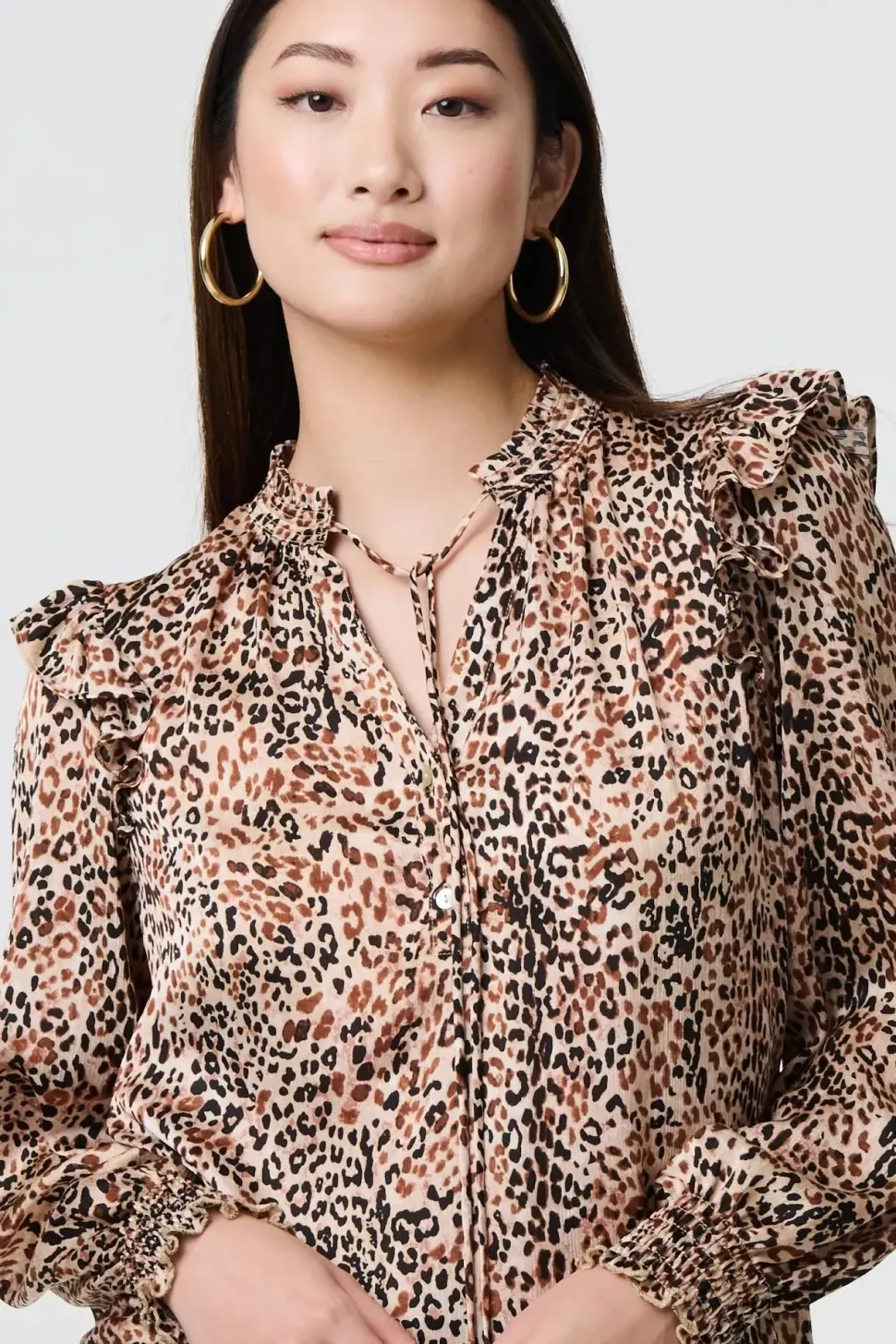 Animal Print Tie-Up Keyhole Neck Blouse
