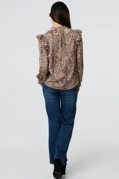 Animal Print Tie-Up Keyhole Neck Blouse