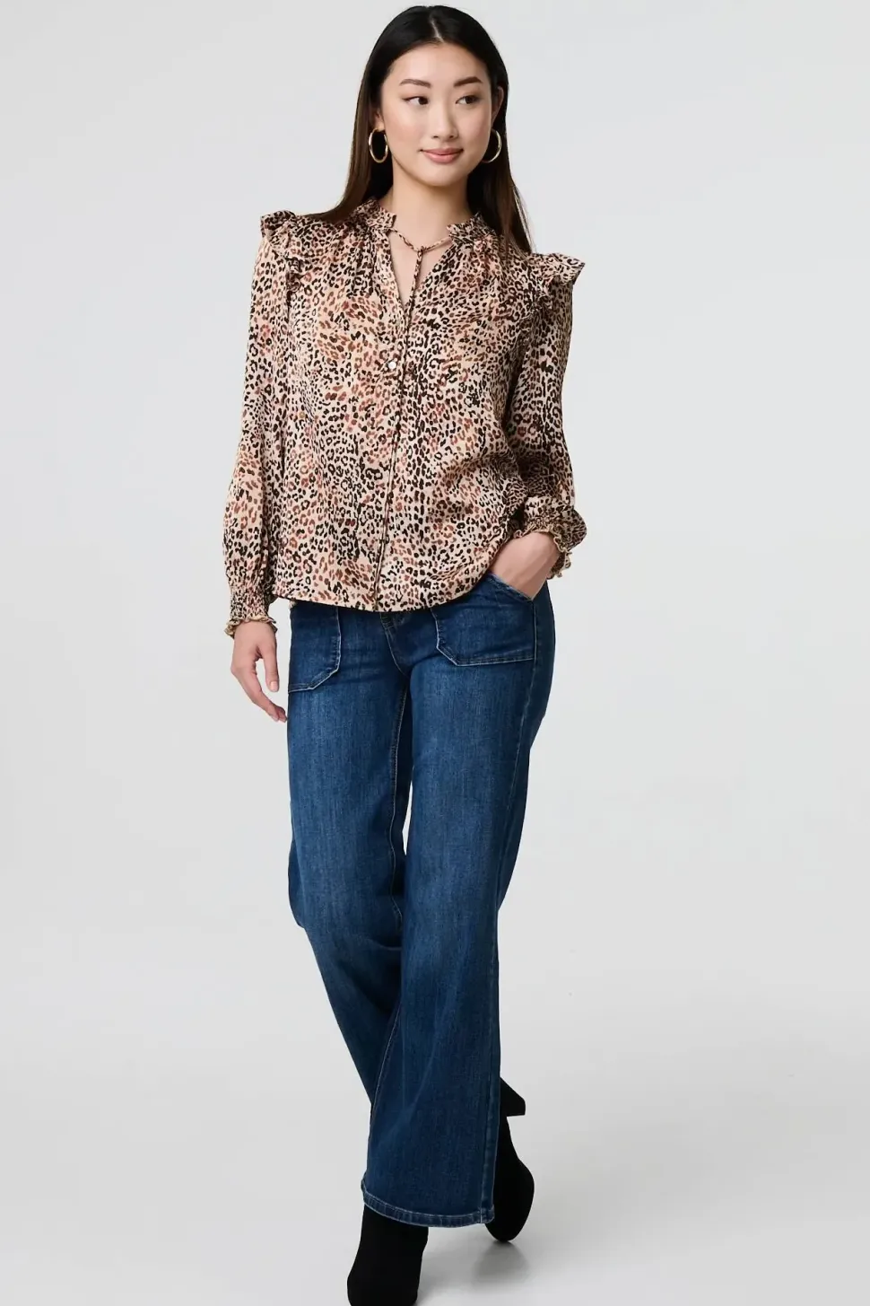 Animal Print Tie-Up Keyhole Neck Blouse