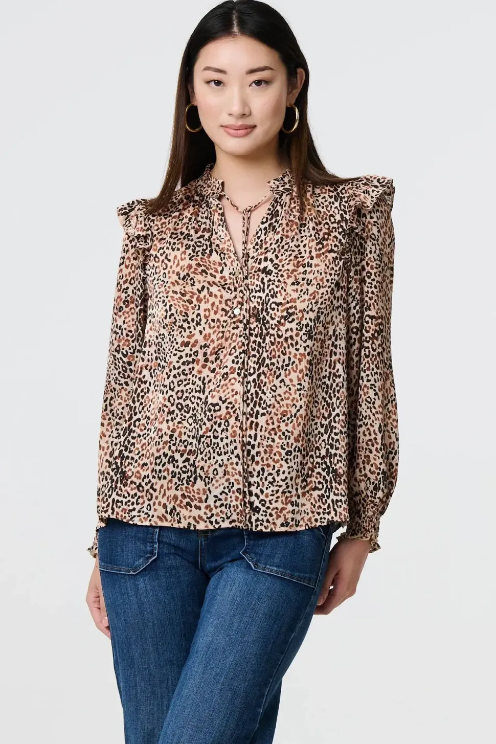 Animal Print Tie-Up Keyhole Neck Blouse