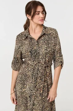 Animal Print Tie Waist Midi Shirt Dress