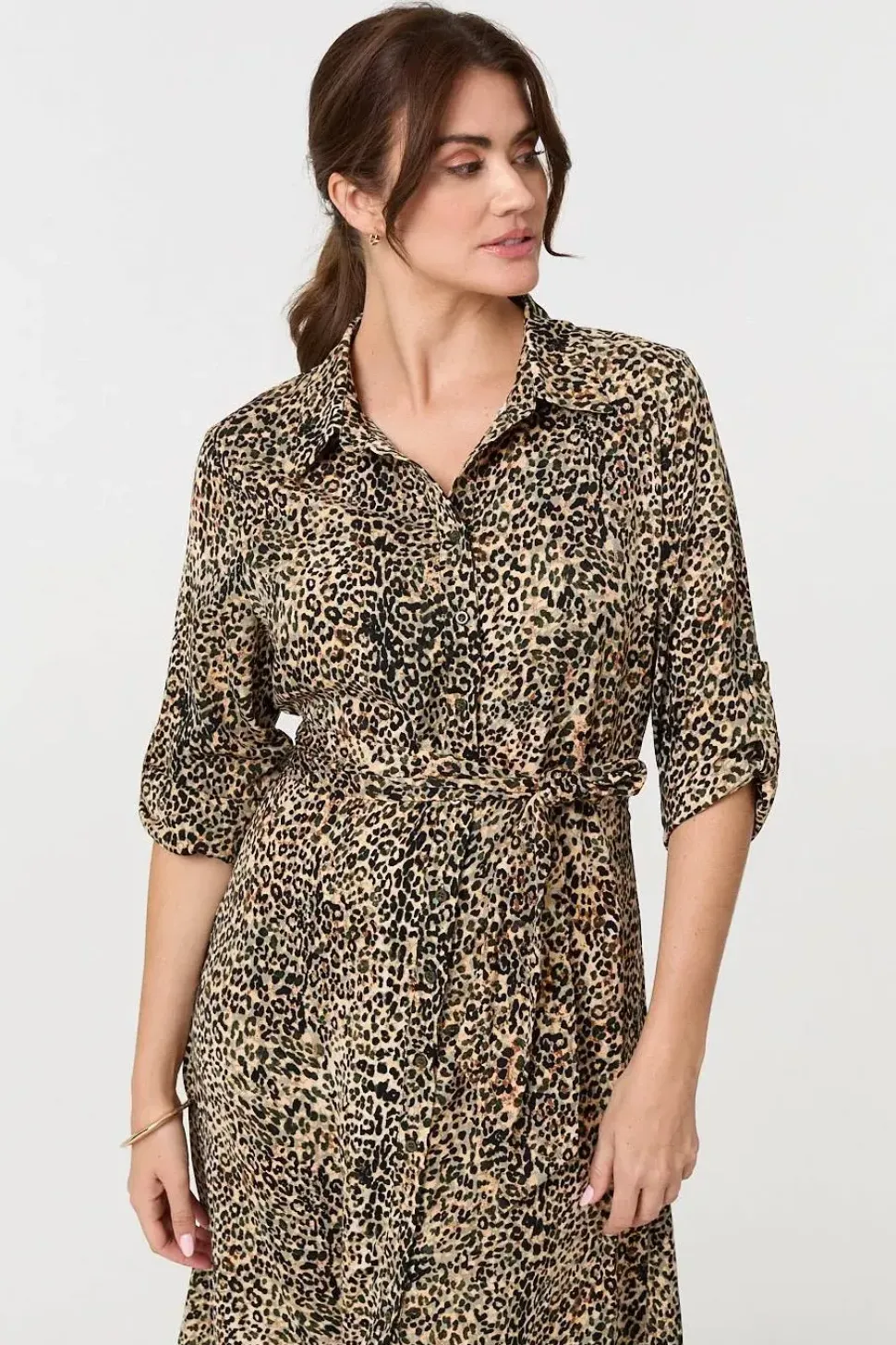Animal Print Tie Waist Midi Shirt Dress